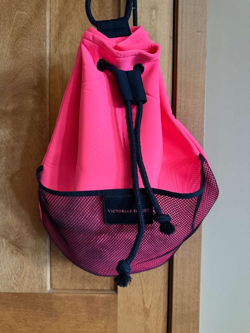 Victoria's Secret Neoprene Neon Pink Drawstring Beach Backpack Black Mesh